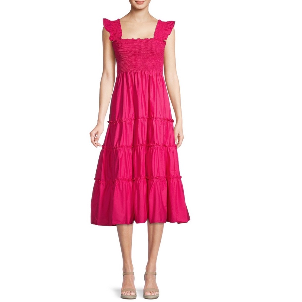 CAARA Hot Pink Smocked Tiered Midi Dress Ruffle Strap Cotton Poplin S Saks Fifth